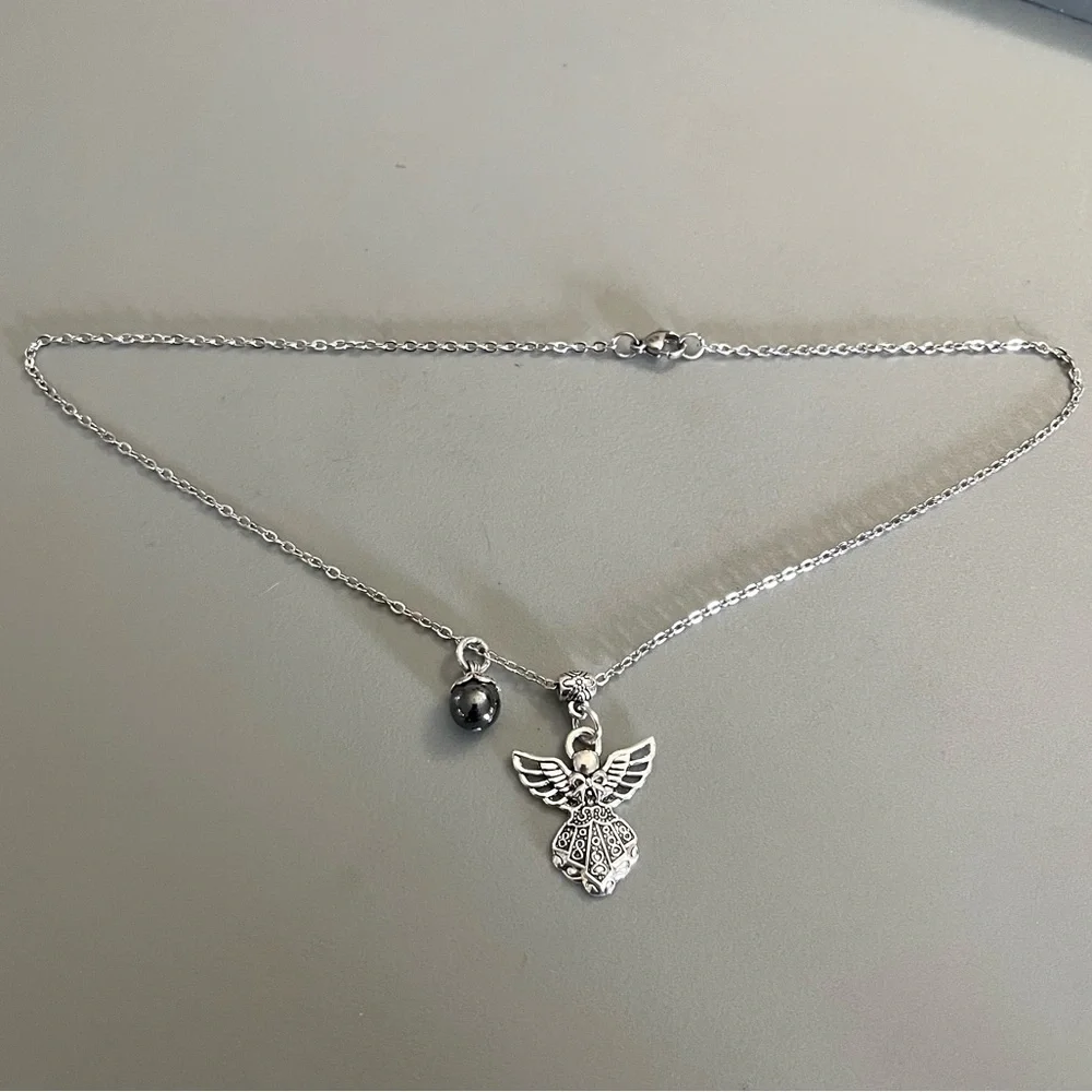🔴 Hematite bead angel charm stainless steel boho silver gemstone necklace . - Picture 6 of 9